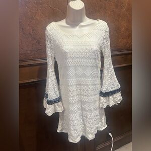 NWT SIZE S By Together Ivory Lace Dress with Dark Blue Trim